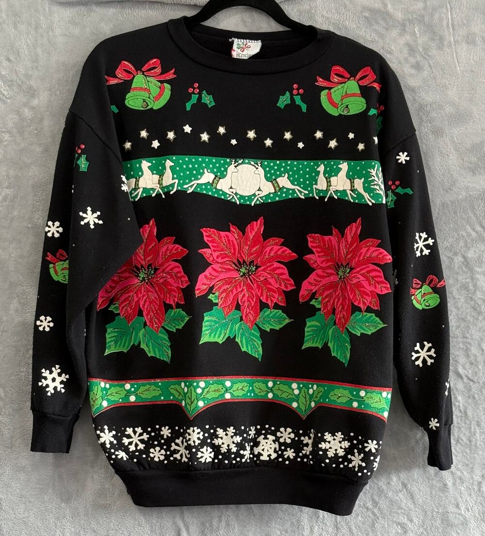 Vintage NutCracker Christmas Sweater Black Poinsettia USA Women’s S Oversized